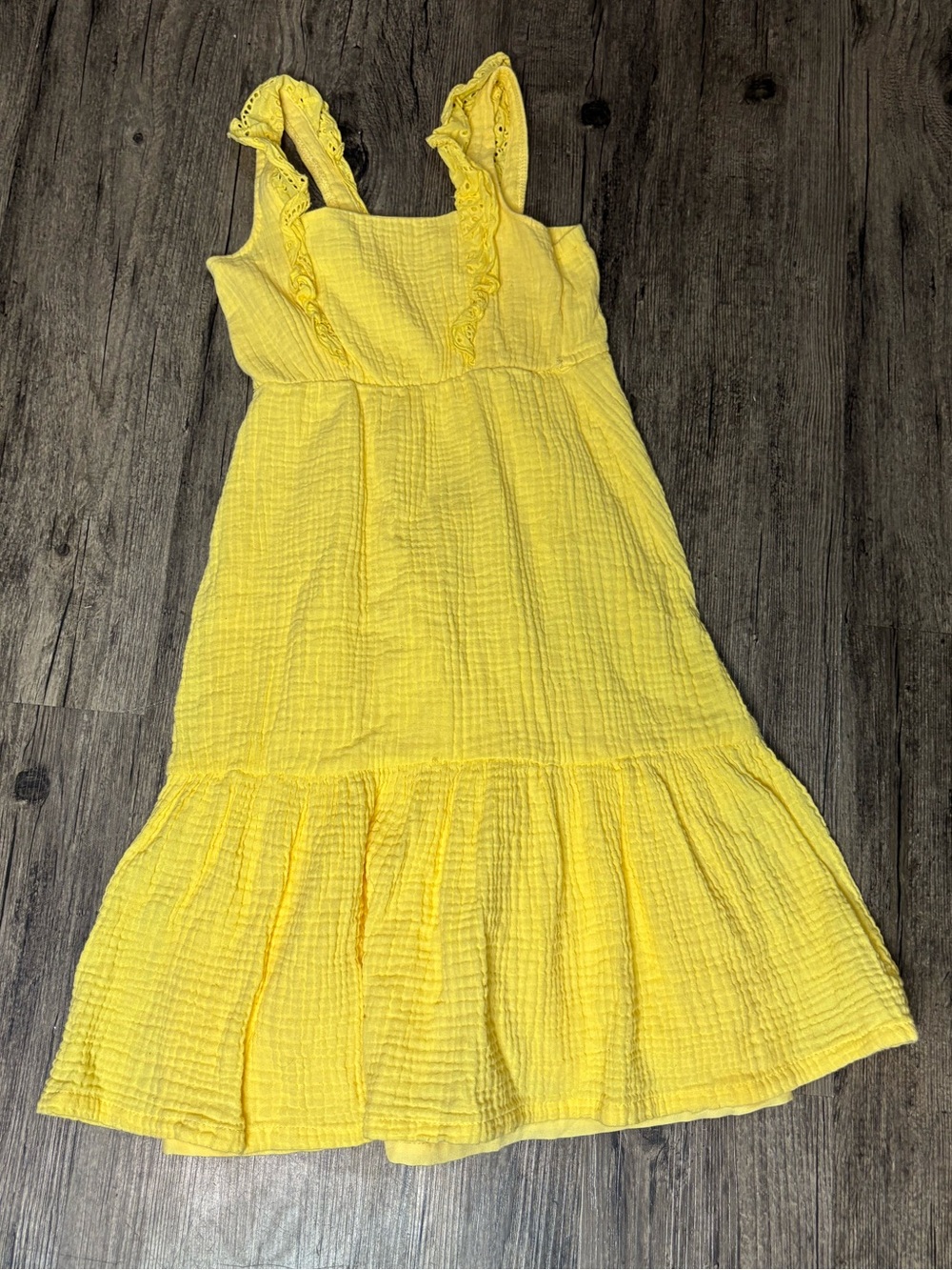 Sunny Yellow Gauze Dress W/Eyelet Trim Strap Flowy Tiered Maxi/Midi- BTween
